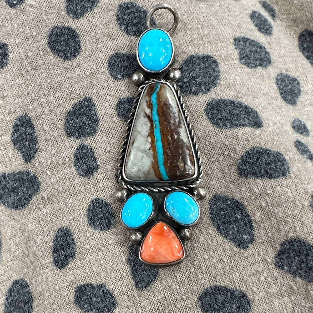 Signed Royston Ribbon Turquoise and Spiny Oyster and Sleeping Beauty Pendant